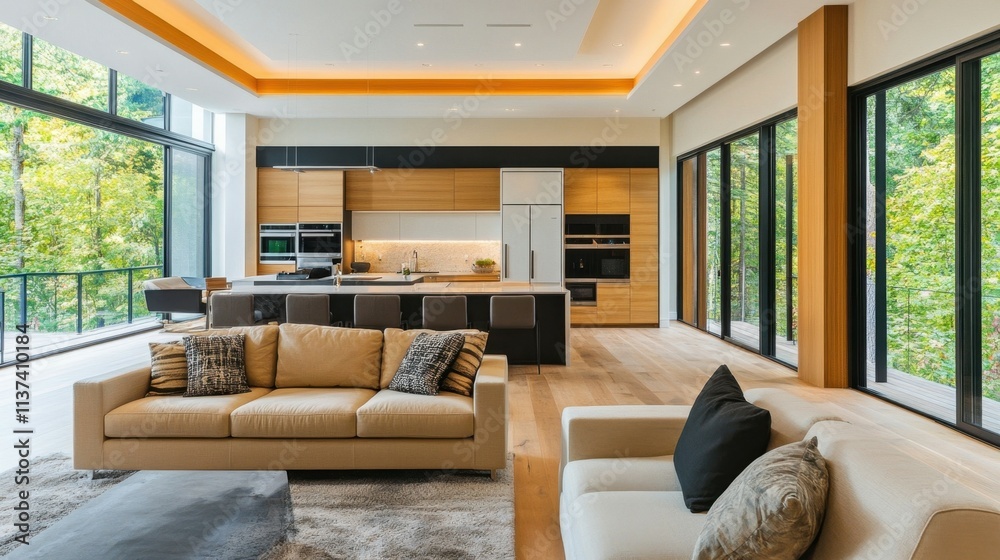 Fototapeta premium Modern kitchen and living area with large windows and natural light.