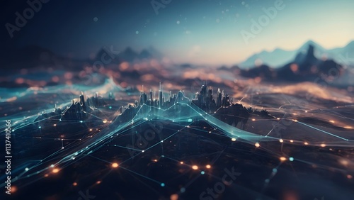 Digital Landscape Showcasing Interconnected City Skyline at Dawn With Glowing Neural Network Patterns