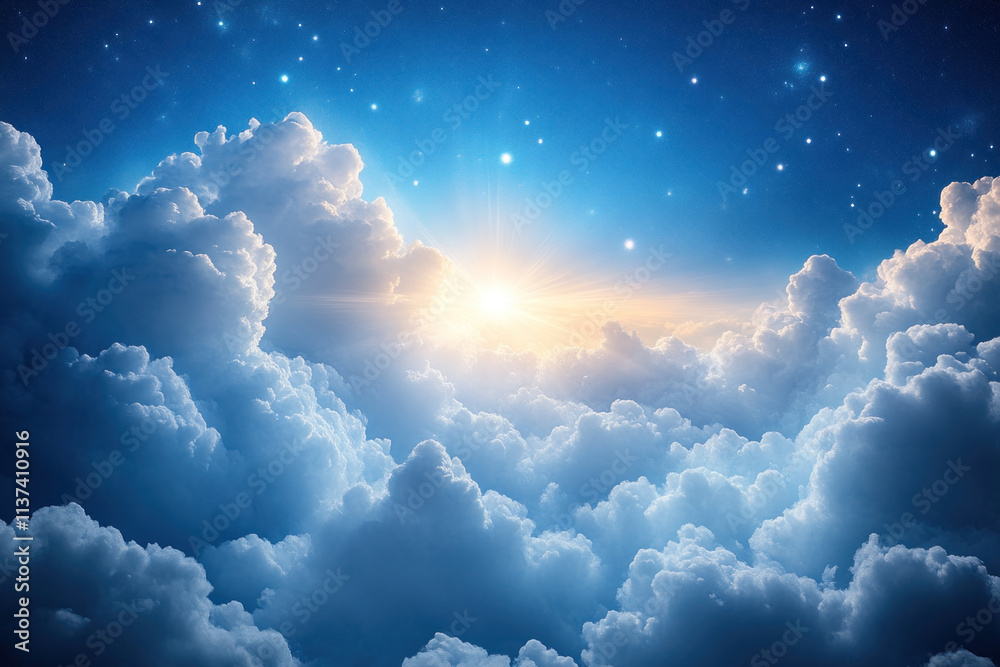 Sunrise above clouds in starry night sky. Sunrise above clouds in starry night sky.