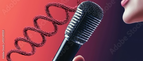 Person speaking into a microphone with sound waves visualized symbolizing communication energy and transmission of ideas
