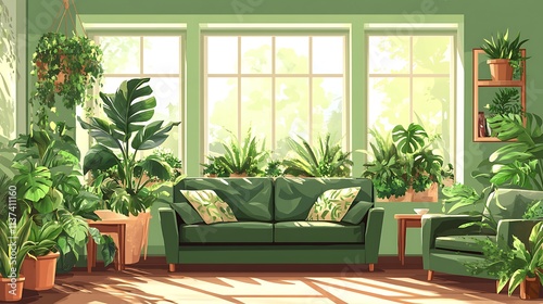 Sunlit Living Room with Abundant Greenery and Green Furniture