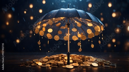 Coins Falling Under a Black Umbrella With a Pile of Coins on the Ground During a Dimly Lit Setting