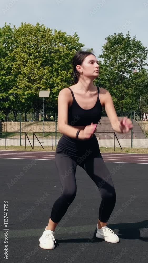 Young beautiful female athlete doing squats with jumping up, warming up her legs before exercising. Fitness workout outdoor. Healthy activity. Strengthening muscles, fitness concept. Young beautiful female athlete doing squats with jumping up, warming up her legs before exercising. Fitness workout outdoor. Healthy activity. Strengthening muscles, fitness concept.