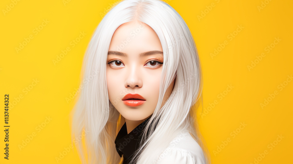 Portrait of smiling asian teenager girl with long and white hair creamy yellow background. Portrait of smiling asian teenager girl with long and white hair creamy yellow background.