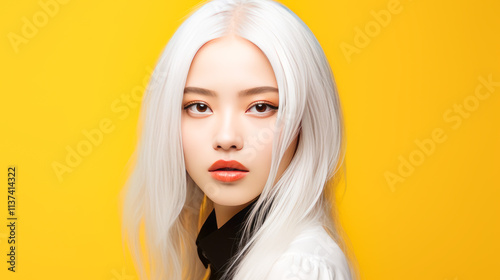 Portrait of smiling asian teenager girl with long and white hair creamy yellow background.