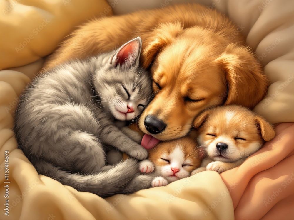 Adorable Golden Retriever Puppy, Kittens, and Small Puppy Sleeping Together on Soft Blanket, Cozy and Cute Animal Companionship, Peaceful Pet Family Adorable Golden Retriever Puppy, Kittens, and Small Puppy Sleeping Together on Soft Blanket, Cozy and Cute Animal Companionship, Peaceful Pet Family
