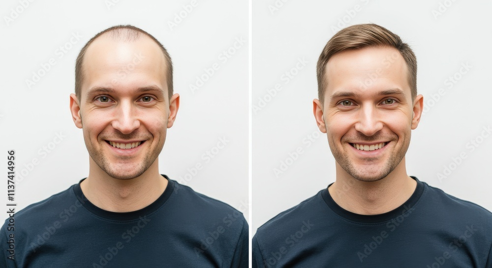Transformation concept with smiling caucasian adult male featuring hair restoration transition