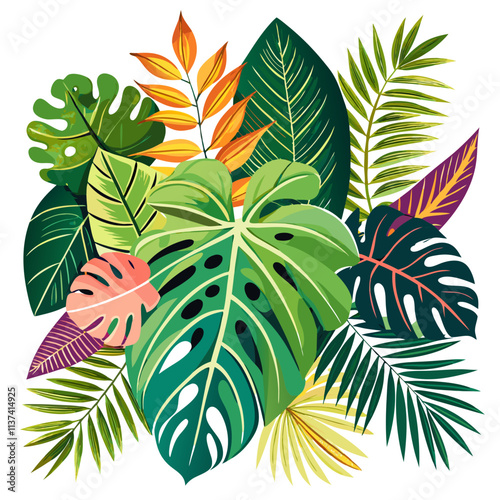 Vibrant collection of tropical leaves showcasing diverse shapes and colors in a lush arrangement