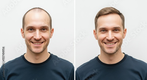 Obraz na płótnie Transformation concept with smiling caucasian adult male featuring hair restoration transition w salonie