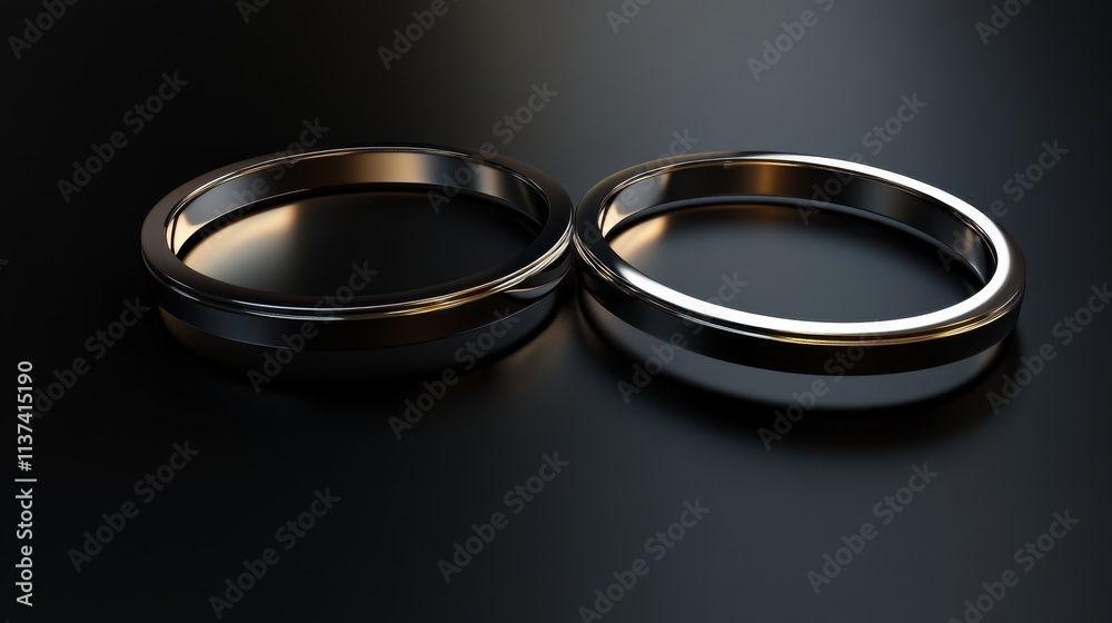 shimmering metal rings trio, delicate reflective surfaces, minimalist circular borders, pristine metallic finish, deep black backdrop, high-end 3d visualization, precision crafted edges, dramatic shimmering metal rings trio, delicate reflective surfaces, minimalist circular borders, pristine metallic finish, deep black backdrop, high-end 3d visualization, precision crafted edges, dramatic