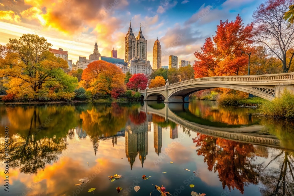 Fototapeta premium Autumn Central Park Bow Bridge Photography: Peaceful Lake, Skyline Reflection