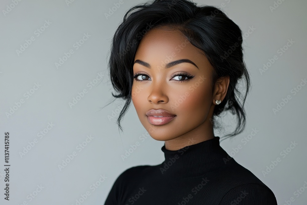 Stunning portrait of a young Black woman with elegant makeup and hairstyle. Ideal for beauty, fashion, or diversity campaigns. Stunning portrait of a young Black woman with elegant makeup and hairstyle. Ideal for beauty, fashion, or diversity campaigns.