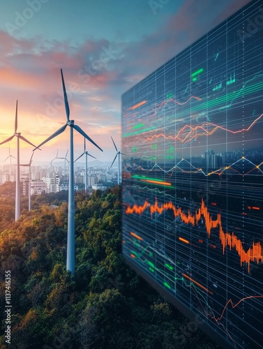A futuristic landscape featuring wind turbines and a digital display of energy data against a colorful sunset backdrop.