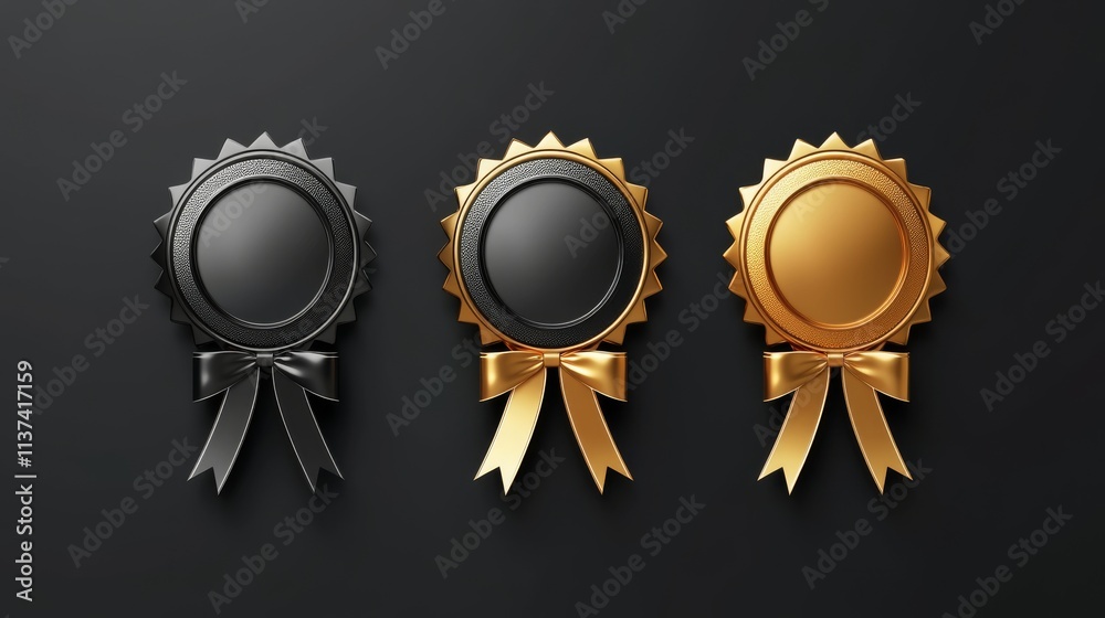 premium certification seals, shimmering metallic surface, radial pattern design, scalloped edges, flowing twin ribbons, noble achievement emblems, luxury award set, dimensional depth effect premium certification seals, shimmering metallic surface, radial pattern design, scalloped edges, flowing twin ribbons, noble achievement emblems, luxury award set, dimensional depth effect