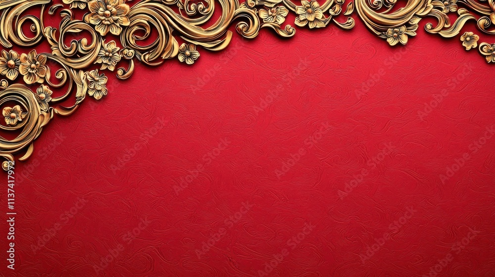 A rich red background adorned with intricate golden floral designs, adding elegance and a touch of luxury. A rich red background adorned with intricate golden floral designs, adding elegance and a touch of luxury.