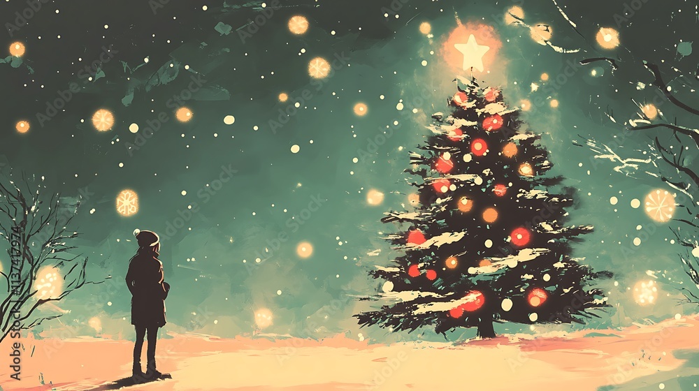Obraz premium A serene winter landscape featuring a majestic Christmas tree adorned with snowflakes,bathed in the soft glow of sunrise or sunset,