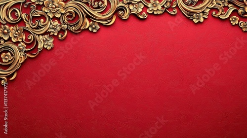 A rich red background adorned with intricate golden floral designs, adding elegance and a touch of luxury. photo