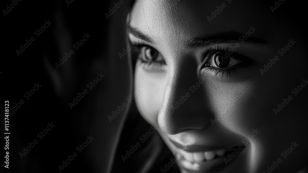 A Closeup Black And White Portrait Of A Smiling Woman A Closeup Black And White Portrait Of A Smiling Woman