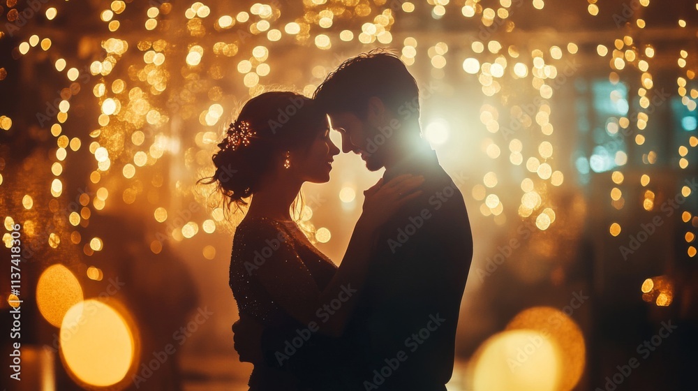 Silhouette Couple Embraces Amidst Golden Festive Lights Silhouette Couple Embraces Amidst Golden Festive Lights
