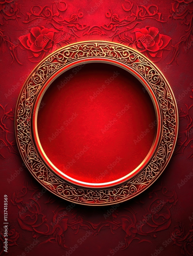 A decorative circular frame with intricate designs against a rich red background, creating an elegant and vibrant aesthetic.
