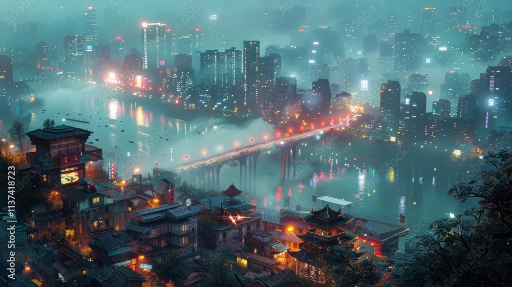 Fototapeta premium A misty cityscape at night with glowing lights and a river.