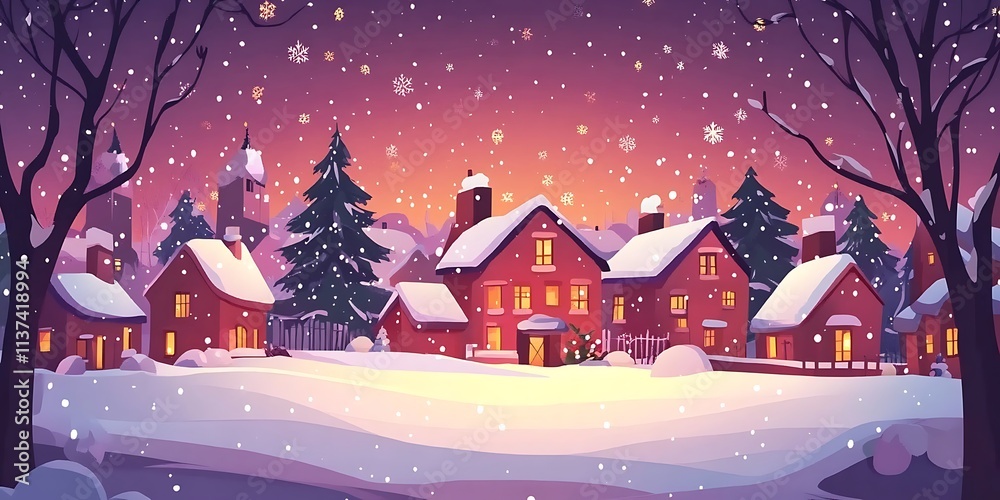 Fototapeta premium A charming winter village scene perfect for Christmas and holiday greeting cards, websites, and social media posts