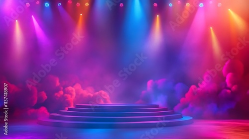 Vibrant Stage Setting with Circular Platform and Colorful Lighting for Music Concerts,Award Ceremonies,Product Launches
