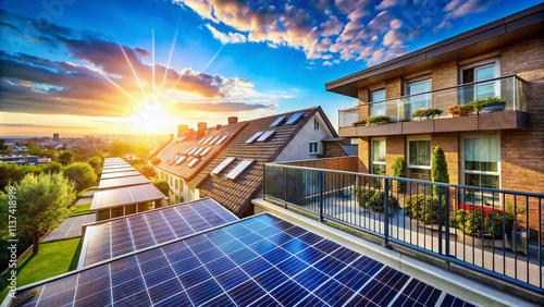 Balcony Power Plant Solar Panels Blue Sky Photo - Clean Energy, Renewable Energy, Solar Energy, Home Energy photo