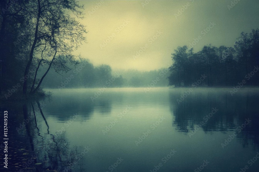 A serene, foggy lake scene reflecting trees and a tranquil atmosphere. A serene, foggy lake scene reflecting trees and a tranquil atmosphere.