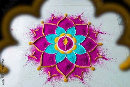 Vibrant Rangoli Art Display with Intricate Floral Patterns and Bold Colors for Festive Decor photo