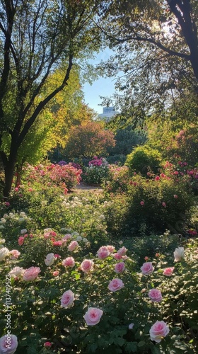 A vibrant garden filled with blooming roses and lush greenery.