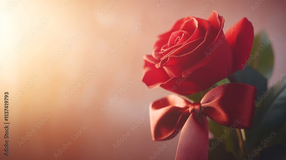 Fototapeta premium Single Red Rose with a Red Ribbon Bow