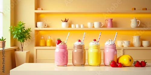 Wallpaper Mural Refreshing Creamy Milkshake Trio in Mason Jars with Fruit Garnish on Kitchen Counter Torontodigital.ca