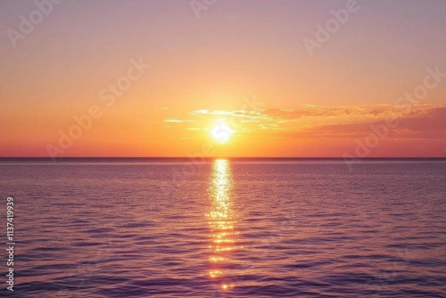 Serene sunset over calm ocean waters, creating a peaceful atmosphere.