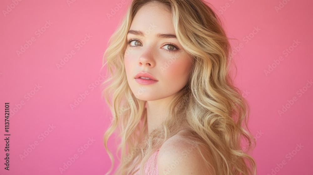 Blonde woman posing on pink background Blonde woman posing on pink background