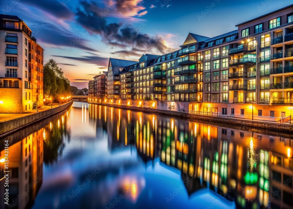 Berlin Spree River Apartment Buildings Night Photography, Low Light, Urban Architecture, Cityscape, Germany Berlin Spree River Apartment Buildings Night Photography, Low Light, Urban Architecture, Cityscape, Germany