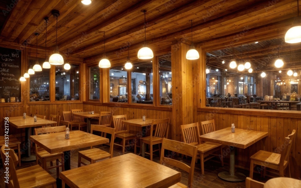 A cozy wooden restaurant interior with tables, chairs, and warm lighting. A cozy wooden restaurant interior with tables, chairs, and warm lighting.