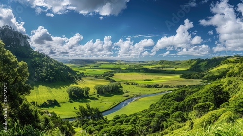 High-end photography of a picturesque valley with a river and lush green fields under a bright blue sky