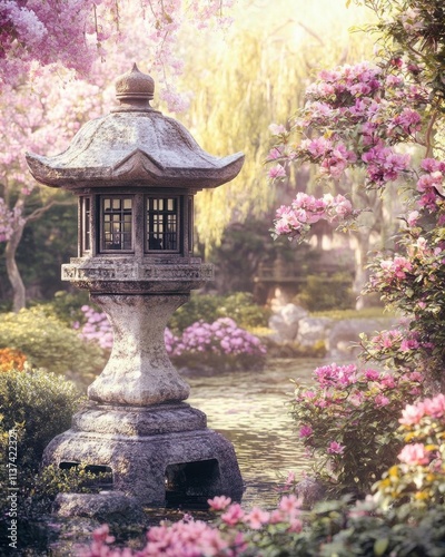 A serene garden scene featuring a stone lantern surrounded by blooming flowers.