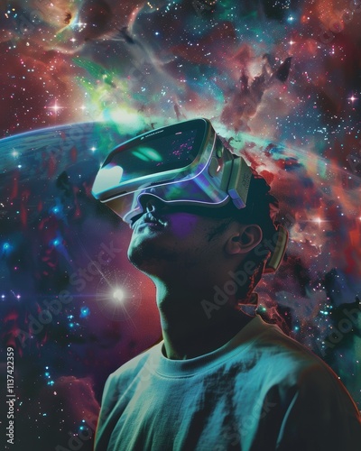 A person wearing a VR headset, gazing into a colorful cosmic background.