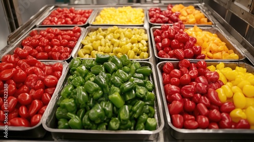 Fresh assorted bell peppers and tomatoes in metal trays at a market display