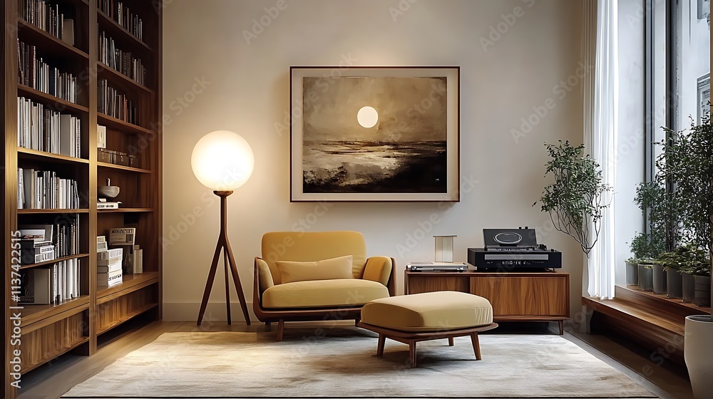 A cozy mid-century reading nook with a mustard yellow armchair, a walnut bookshelf, and a retro record player, illuminated by warm ambient light from a stylish floor lamp, A cozy mid-century reading nook with a mustard yellow armchair, a walnut bookshelf, and a retro record player, illuminated by warm ambient light from a stylish floor lamp,
