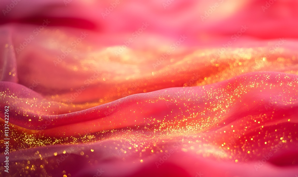 Red and pink background, golden glittering particles on the fabric surface, Generative AI Red and pink background, golden glittering particles on the fabric surface, Generative AI