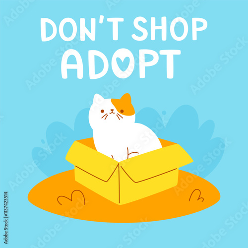 Adopt banner with cute homeless cat in a box. Cartoon poster about adoption with pet and text.