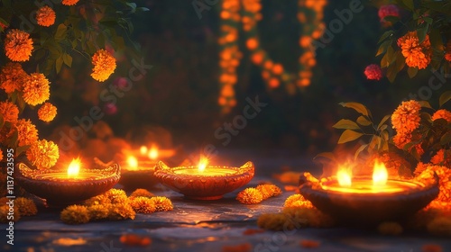 Burning oil lamps illuminate floral night scene photo