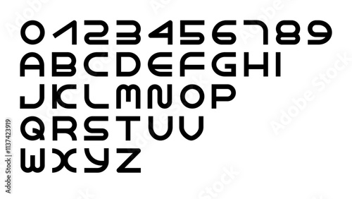 Futuristic font and numbers design. Stylish modern set of letters for composing bright titles and inscriptions. Vector graphic template from clip art elements.