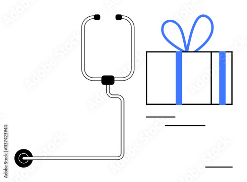 Stethoscope forming a connection to a wrapped gift box with blue ribbon, representing healthcare appreciation and gifts. Ideal for medical events, doctor appreciation, holidays, promotions, health photo