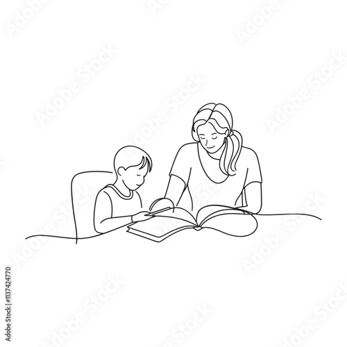 Woman and a child are seated at a table, engaged in reading a book together, sharing a moment of learning continuous line art flat vector illustration.