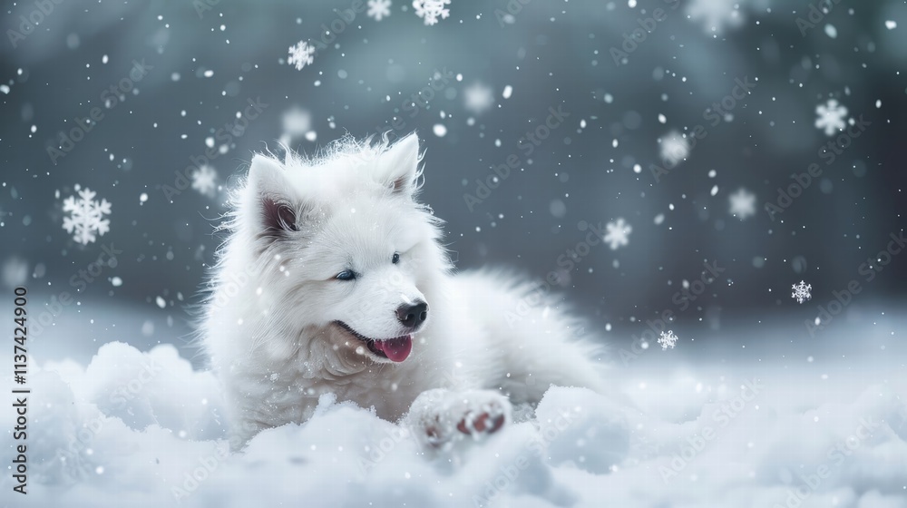 Fluffy dog playing in snow with falling flakes Fluffy dog playing in snow with falling flakes
