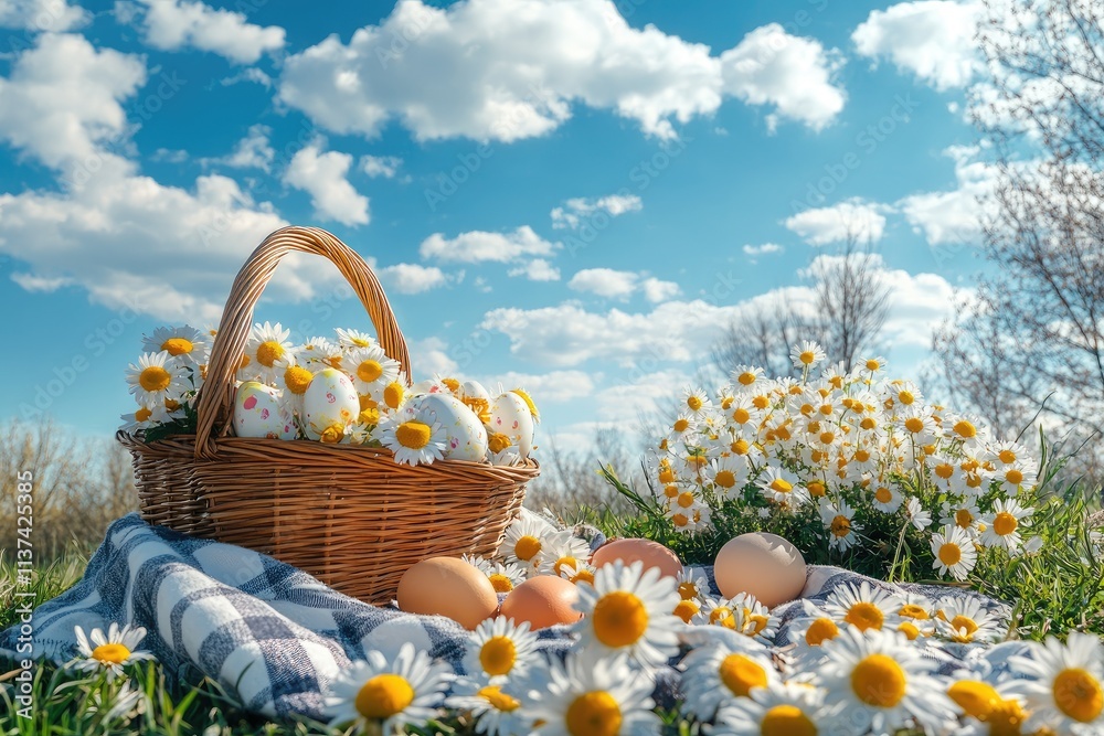 Easter eggs and daisies creating a festive spring scene Easter eggs and daisies creating a festive spring scene